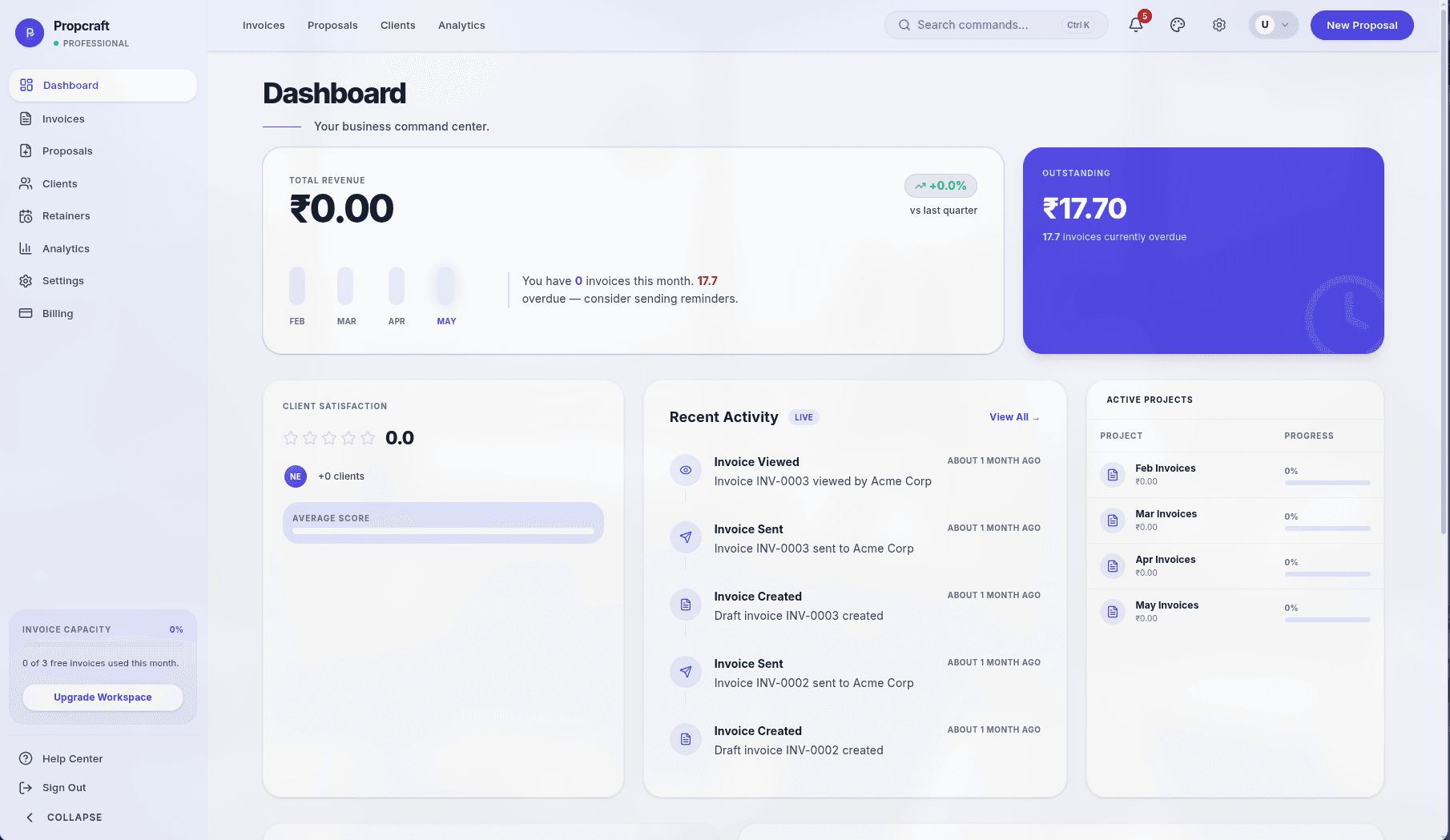 PropCraft dashboard showing invoice and proposal management